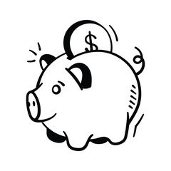 Hand drawn icon of piggy bank with a coin, symbolizing saving.