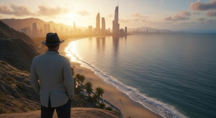 Fototapeta premium A man contemplates a stunning coastal skyline at sunrise or sunset moment