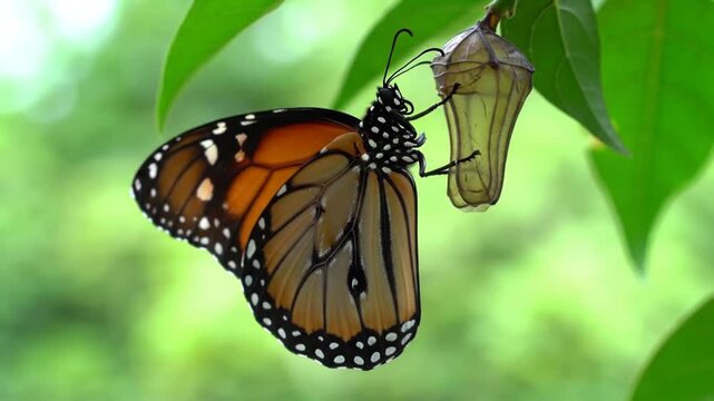 Monarch butterfly emerging from chrysalis