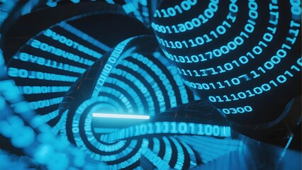 Binary Code Spiral: Digital Data Flow in a Futuristic Tunnel