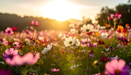 Obraz premium Vibrant flower field at sunset