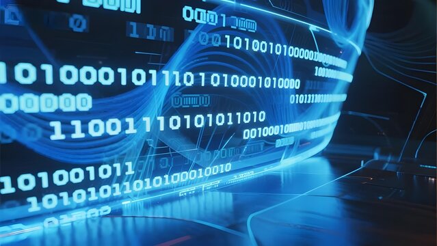 Binary Code Streams Flowing Over a Futuristic Interface