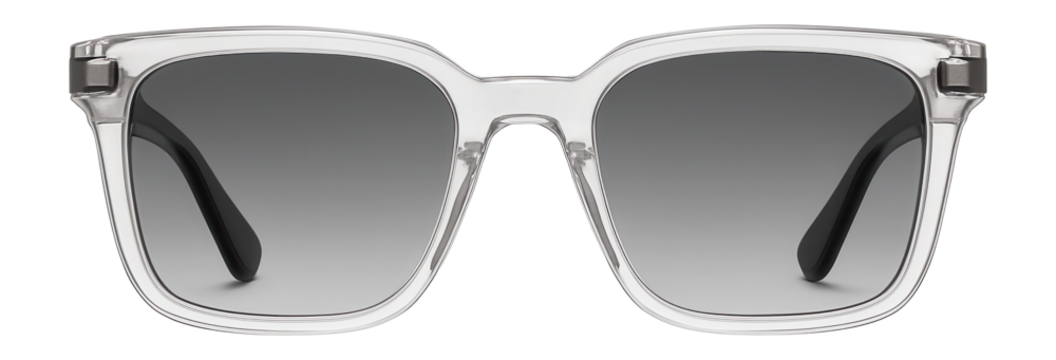 Rectangular sunglasses with clear acetate frame and smoke lenses