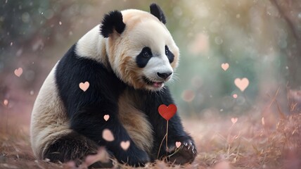 Obraz premium Panda bear surrounded by hearts with transparent background