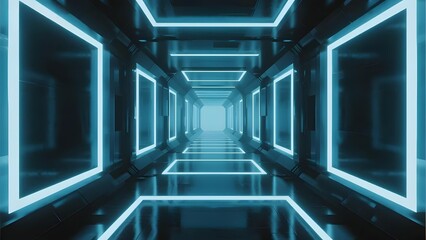 Futuristic Corridor with Blue Neon Lights and Reflective Floor