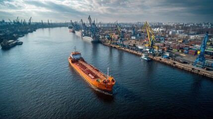 Oil Barge. Industrial Seaport Infrastructure for Freight Shipping and Export Trade