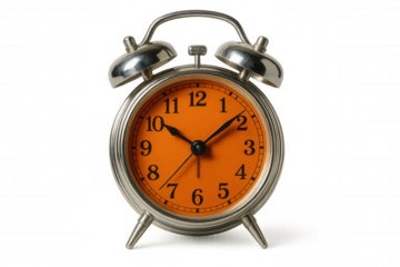 Classic silver alarm clock with bells showing the time on an orange clock face, isolated on transparent background