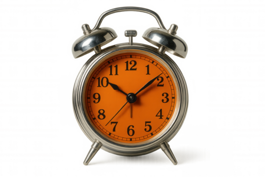 Classic silver alarm clock with bells showing the time on an orange clock face, isolated on transparent background - Powered by Adobe