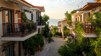 Fototapeta premium Charming European street view with balconies and lush greenery. Picturesque buildings line a cobblestone road leading towards a distant sea view.