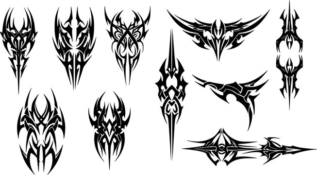 Neo-tribal shapes, Gothic patterns in a modern design, cybersigilism set. Gothic neo tribal tattoo, vector patterns for streetwear, clothing, t-shirt, typography. Vector graphic collection