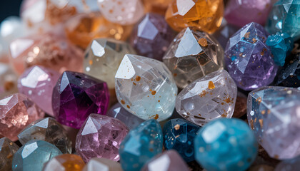 Colorful collection of sparkling gemstones in various shapes and hues, including amethyst, quartz, sapphire, and citrine, shining with natural brilliance.