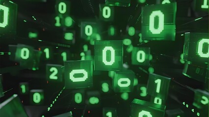 Floating digital cubes displaying binary code in a futuristic, cybernetic environment