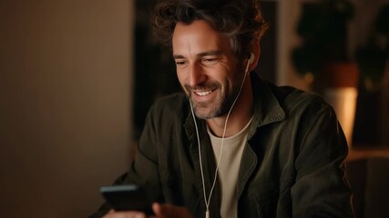 Smiling caucasian male adult enjoying music on smartphone with earphones at home - Powered by Adobe