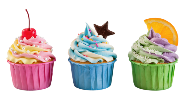 Three colorful decorated cupcakes with whipped frosting and toppings isolated on transparent background, festive sweet treats