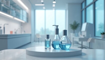Three glass bottles containing blue liquid displayed on clean white podium in modern laboratory setting. Pristine arrangement features cosmetic, skincare, fragrance products, hinting at luxury,