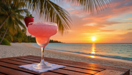 Pink strawberry cocktail in glass with sugar rim on tropical beach table at sunset, relaxing exotic summer drink scene