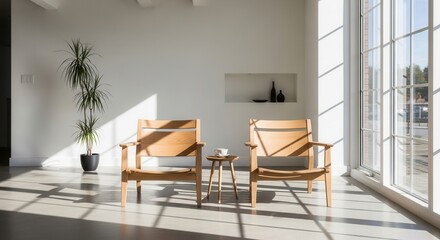 Minimalist interior design with wooden armchairs bathed in sunlight from large windows