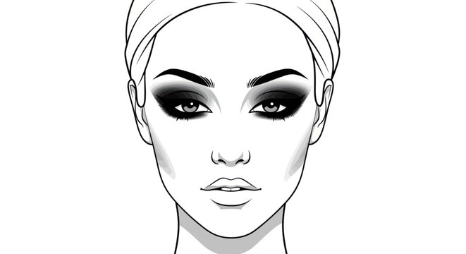 Monochrome Face Chart with Dramatic Smokey Eye Makeup.