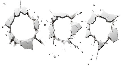 Dramatic shattered wall effect with three clean openings offers dynamic visual impact for edgy designs isloted on transparent background