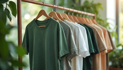 Selection of eco friendly t-shirts displayed on wooden rack. Soft, comfortable cotton apparel in muted earth tones promotes sustainability, conscious fashion choices. Simple, clean design enhances
