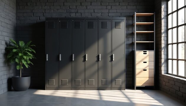 Industrial-style locker room interior featuring black metal storage cabinets, large grid windows. Modern design with brick wall background, potted plant. Offers sleek, functional aesthetic for gyms,