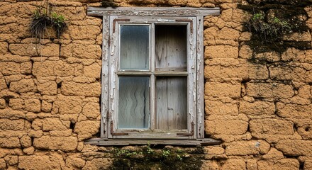 Rustic window on adobe wall revealing aging architecture and natural textures creating a sense of