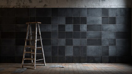 Industrial style mounting space, charcoal blackboard wall and tile grid mid-construction
