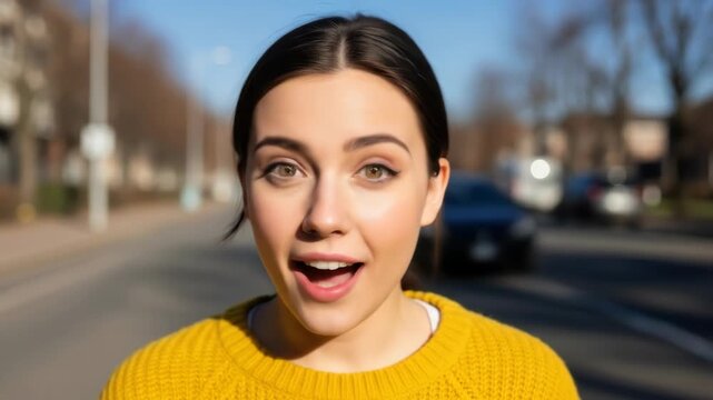 Astonished Young Woman in Yellow Sweater, Sunny Street Scene