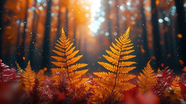 Vibrant autumn ferns in a unlit forest, showcasing rch orange hues and a seren atmosphere, perfect for nture-themed projects and sasonal promotions.