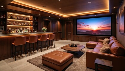 Luxurious basement home theater, bar offers ultimate relaxation with large screen, plush leather sofa, fully stocked bar with stools. Warm ambient lighting enhances sophisticated wood-paneled