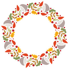 Woodland autumn round wreath of leaves, berries and mushrooms. Round natural forest frame. Harvest forest frame with copy space for fall design, vector graphic