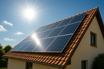 Fototapeta premium Solar panels installed on a rooftop under clear skies during midday, showcasing renewable energy technology in use