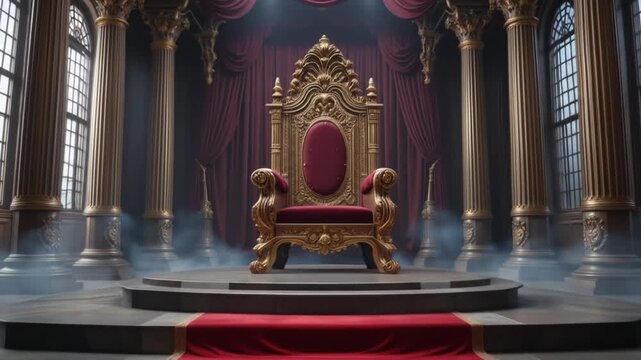 A royal throne sits on a high platform with a red carpet leading to it flanked by velvet curtains and ornate columns. 4k videos