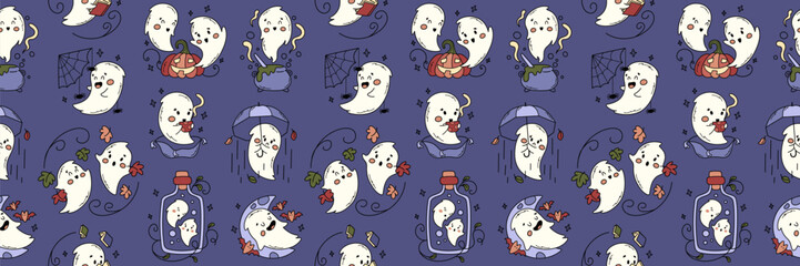 Seamless cute ghost pattern, great for Halloween fabrics, wallpapers, or kids party designs.