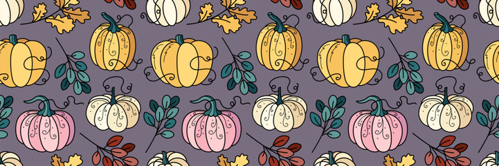 Seamless pumpkin and leaves pattern, ideal for autumn fabrics, stationery, or backgrounds.