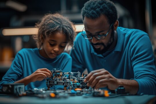 A father and daughter collaboratively assemble a complex mechanical model, fostering teamwork and STEM learning.