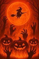 Halloween Witch Flying on Broom with Pumpkins, Zombie Hands and Full Moon Background
