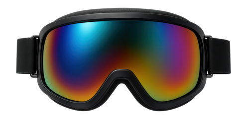 Oversized ski goggles with a black strap and rainbow iridescent lenses