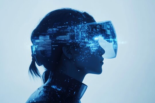 A woman wearing a futuristic VR headset, immersed in a digital world of data streams and code.