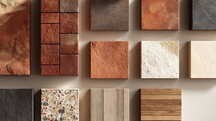 Wall layout mockup of seasonal tile collection with palette of warm rust and cream
