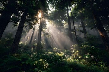 Obraz premium Sunlight beams through the dense forest.