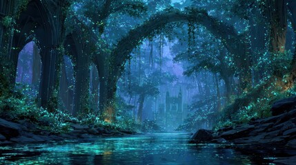 Lush, glowing forest at night