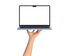 Hand showing modern laptop with customizable blank screen. Isolated on transparent PNG. Concept for technology, business, finance and advertising.