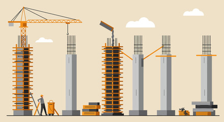 Construction Site Illustrating Building Foundation and Pillars.