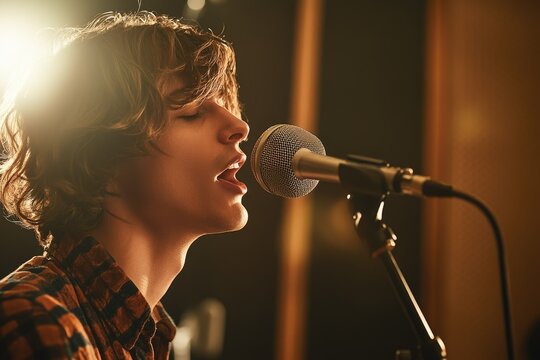 Young man with curly hair passionately sings into a microphone in a recording studio.