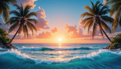 Obraz premium “Tropical wallpaper background with palm trees, turquoise sea waves, and a glowing sunset over the horizon.” 