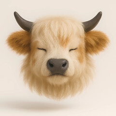 Cute fluffy cow head with closed eyes and soft horns. Ideal for children's content, farms, or toys.