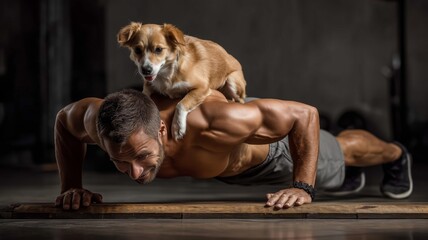 Fitness enthusiast does push-ups at home while a dog plays on his back during workout session
