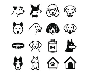 Various dog breed icons and pet accessories in black and white puppy dog face