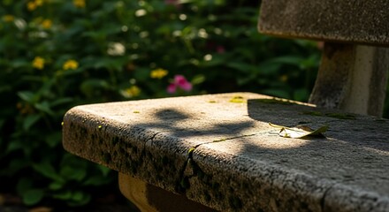 Close-up of weathered wooden bench top in garden setting.